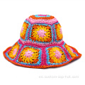 Sombrero de cubo tejido floral de paja